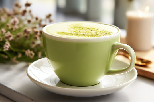 Close up A cup of green tea matcha latte at the table in a caffe. Soft natural summer day lighting