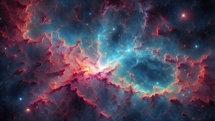 Vibrant space nebula with swirling clouds of blue and red, dotted with bright stars against the dark cosmos - obrazy, fototapety, plakaty