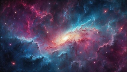 A vibrant nebula with hues of blue and pink, stars dotting the cosmic clouds