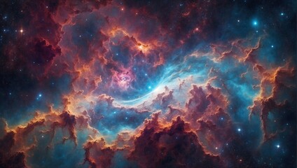 Vivid space nebula with red and blue clouds, stars dotting the cosmic landscape, creating a...