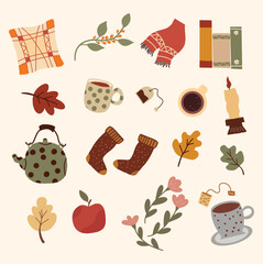 Set of vector cartoon elements in doodle style on the theme of a cozy home. Vector pattern for packaging, card, background, banner. Design elements.