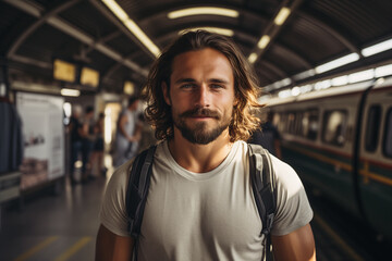 Obraz premium African American Lonely man with long hair against the train in the railway station at the background, Subway station, travel concept, business trip concept.