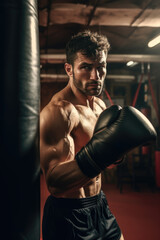 Fototapeta na wymiar Determined boxer preparing to strike.