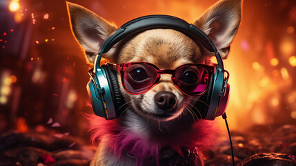 Close up portrait of chihuahua Dog in headphones, dog DJ at the party. The concept of listen to...