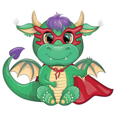 Cute cartoon green baby dragon in a red cape, super hero savior. Symbol of 2024 according to the Chinese calendar