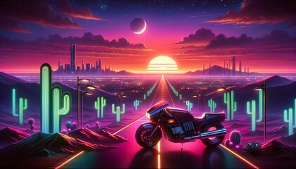 Retro Futuristic Motorcycle Adventure in Neon Desert Landscape. Synthwave Aesthetic Illustration. AI Generated.