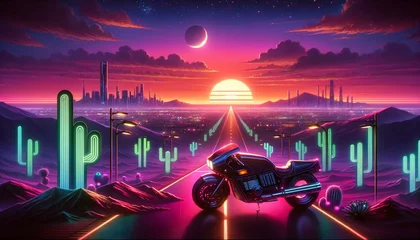 Poster Retro Futuristic Motorcycle Adventure in Neon Desert Landscape. Synthwave Aesthetic Illustration. AI Generated. © TakoyakiAI