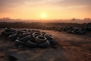 Old tires heap on dirt field. Car rubber garbage on nature terrain. Generate ai