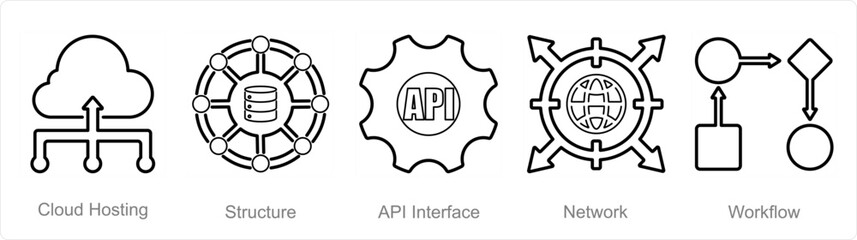 A set of 5 data analytics icons as cloud hosting, structure, api interface