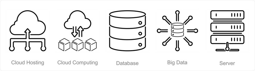 A set of 5 data analytics icons as cloud hosting, cloud computing, database
