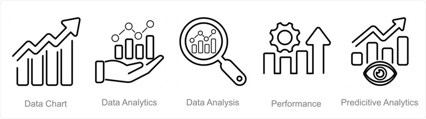 A set of 5 data analytics icons as data chart, data analytics, data analysis