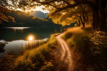 A meandering trail along the shore of a peaceful lake, with the warm glow of the setting sun casting a golden hue on the surrounding landscape.
