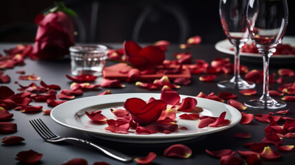 Fototapeta na wymiar close up of Valentine's Day table setting with white plates, glasses, and rose petals, romantic date dinner