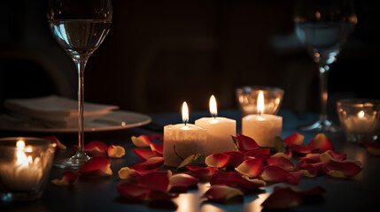 Obraz na płótnie Canvas close up of Valentine's Day table setting with white plates, glasses, rose petals and candle light, romantic date dinner