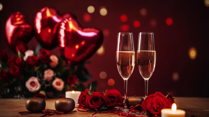 Close-up of two champagne glasses, a rose bouquet, and heart-shaped balloons in the background, valentine's day, romantic anniversary celebration