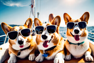 Funny Corgi Dogs wearing sunglasses on a yacht with the sea and blue sky background
