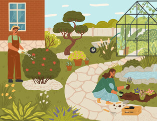 Farmer family working on backyard taking care of plants