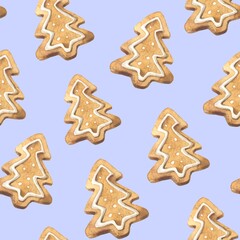 Seamless pattern with watercolor Christmas gingerbread in the shape of a Christmas tree on a lavender background. Used to print holiday wrapping paper for gifts and decorations.