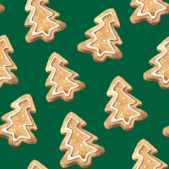 Seamless pattern with watercolor Christmas gingerbread in the shape of a Christmas tree on a green background. Used to print holiday wrapping paper for gifts and decorations.