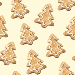 Seamless pattern with watercolor Christmas gingerbread in the shape of a Christmas tree on a beige background. Used to print holiday wrapping paper for gifts and decorations.