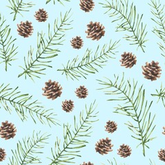 Seamless pattern with watercolor fir branches and cones on a blue background. Used for printing gift wrapping paper, textile and fabric.
