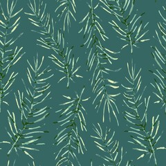 Seamless pattern with watercolor fir branches on a turquoise background. Used for printing gift wrapping paper, textile and fabric.