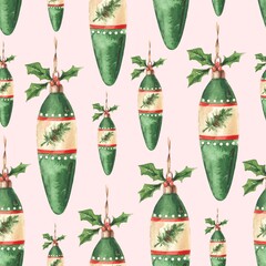 Seamless pattern with watercolor green Christmas tree decorations with holly leaves on a pink background. Used for printing gift wrapping paper, textile and fabric.