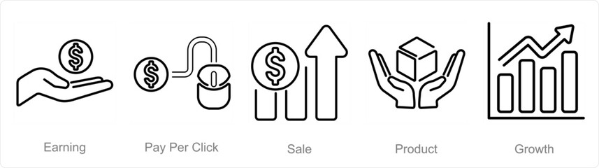 A set of 5 digital marketing icons as earning, pay per click, sale