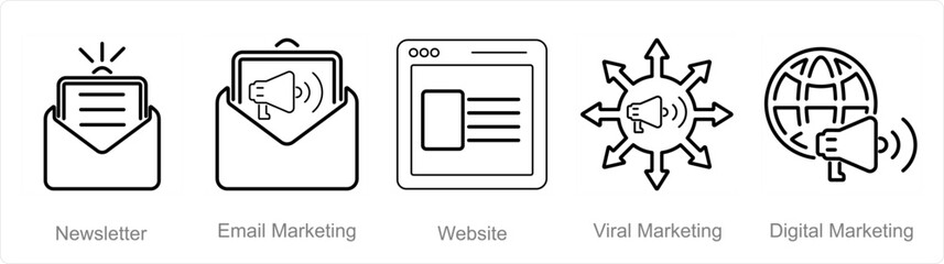 A set of 5 digital marketing icons as newsletter, email marketing, website