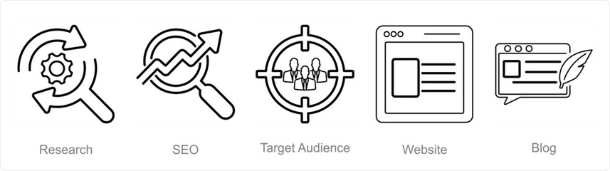 A set of 5 digital marketing icons as research, seo, target audience