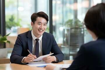 happy Korean male bank or insurance agent, Korea man lawyer making contract deal with client at work. generative AI