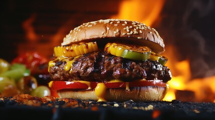 grill barbecue burger food close illustration meat delicious, tasty flame, smoke sizzle grill barbecue burger food close - obrazy, fototapety, plakaty