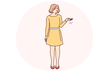 Smiling young woman show blank empty advertising space. Happy girl point at copy space recommend good sale deal or offer. Vector illustration.