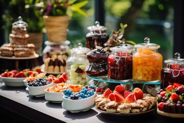 Candy bar food buffet, during hotel brunch, catering in the garden, food bloggers event, banquet, wedding, festive sweet dessert celebration party - obrazy, fototapety, plakaty