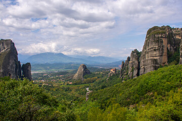 Fototapeta na wymiar Wide panorama of the miracle Meteora rock monasteries . Greece.