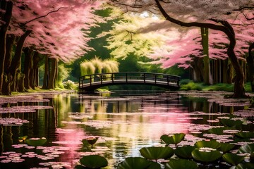 A lakeside path with a canopy of vibrant spring foliage overhead, leading to a quiet corner of the lake where water lilies bloom in shades of pink and white.