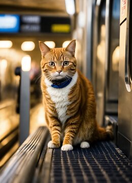 un chat mignon qui se tient sur ses deux pattes qui prend le métro quand un style moderne, réaliste,