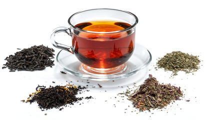 Cup of tea and heaps of dry different tea. Closeup.