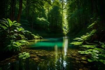 A narrow dirt trail through a dense forest, opening up to reveal a hidden lake with crystal-clear water reflecting the lush greenery of the surrounding landscape.