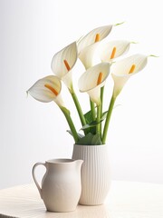 Bouquet of calla flowers in a vase and pitcher on a table. - obrazy, fototapety, plakaty