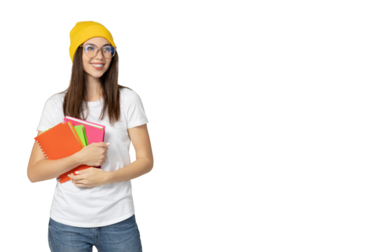 PNG, girl, student in glasses with books, isolated on white background.