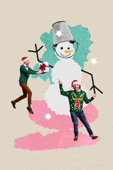 Creative abstract template collage of two funny guys friends guests gifts snowman game happy merry christmas new year theme x-mas - obrazy, fototapety, plakaty
