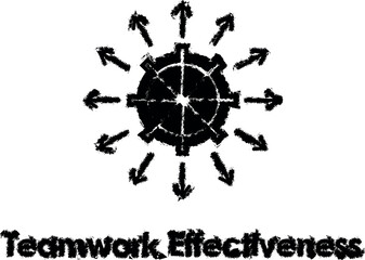 steering wheel, arrows, teamwork effectiveness vector icon in grunge style