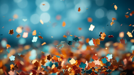 Vivid confetti bursts into the air against a soft blue backdrop, capturing a moment of celebration and joy