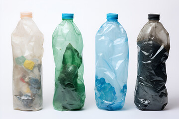 Different plastic bottles on a white background. Generated AI - obrazy, fototapety, plakaty