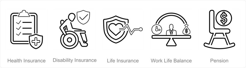 A set of 5 Employee Benefits icons as health insurance, disability insurance, life insurance