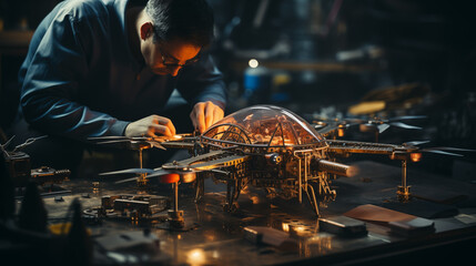 An engineer meticulously works on a detailed unmanned drone model in a dimly lit workshop - obrazy, fototapety, plakaty