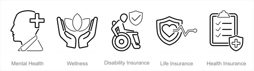 A set of 5 Employee Benefits icons as mental health, wellness, disability insurance