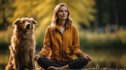 Young woman immersed in meditation next to her attentive golden retriever in autumnal natural scenery.