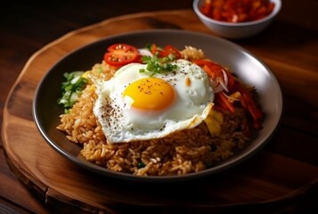 top view of special fried rice on a plate with chicken and sunny side up egg. generative ai